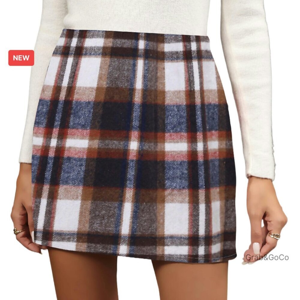 Plaid Flannel Mini Skirt High Waist Bodycon Wool Blend Fall Winter Outfit